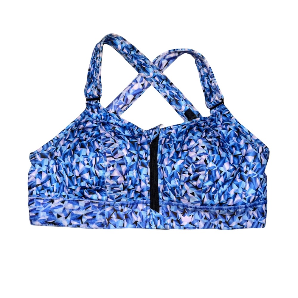 SHEFIT Ultimate Sports Bra Womens 1Luxe Blue Geometric Excellent Zip Front Luxe